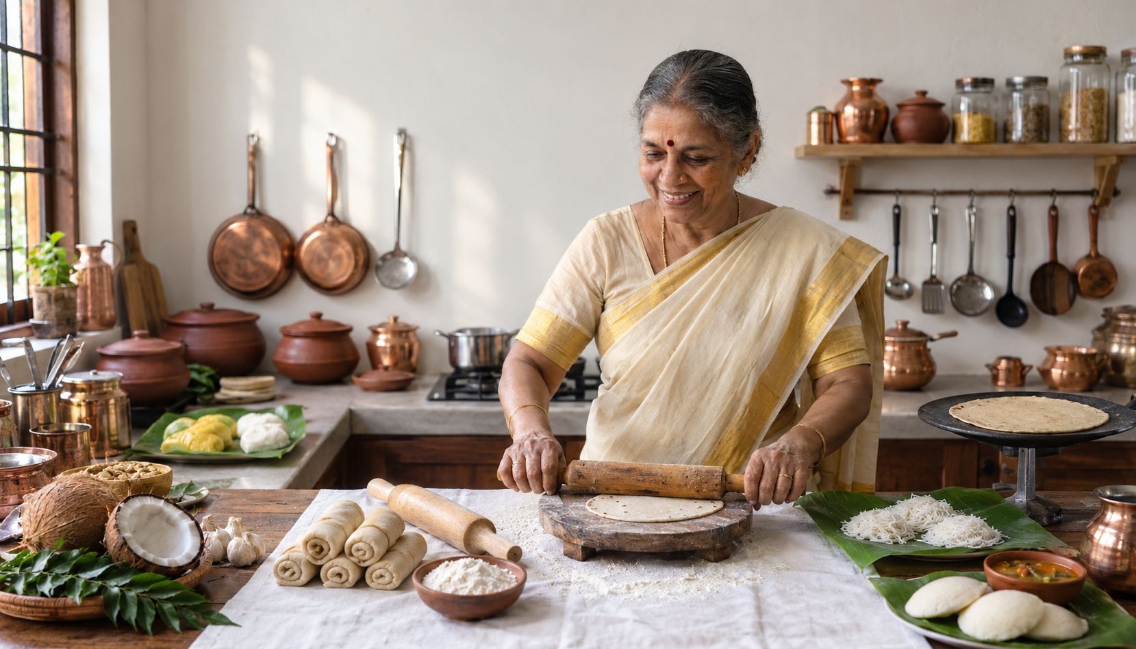 Preparing traditional South Indian food in the kitchen